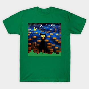 Pixel Night Cat Design on Green Background T-Shirt